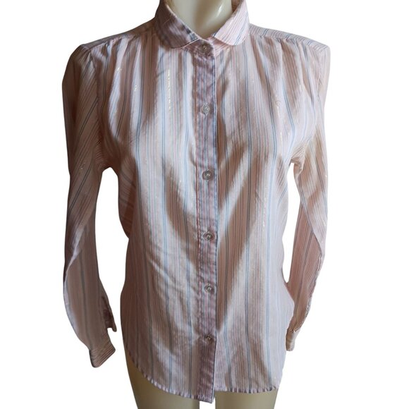 Vintage 80's Striped Button-Up Shirt Womens 9/10 Granny Secretary Pink Striped - Picture 1 of 6